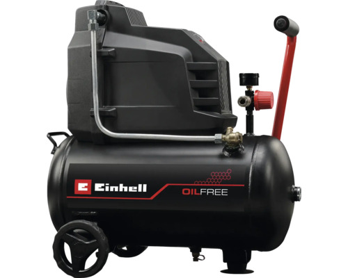 En svart, oljefri Einhell kompressor med hjul och rött handtag.