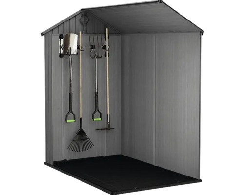 Trädgårdsskjul med trädgårdsredskap för förvaring av verktyg
