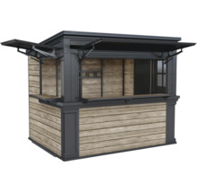 Försäljningsstånd i trä med fällbara fönster