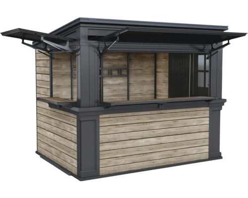 Försäljningsstånd i trä med fällbara fönster