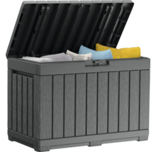 Öppen grå trädgårdsbox av plast med kuddar