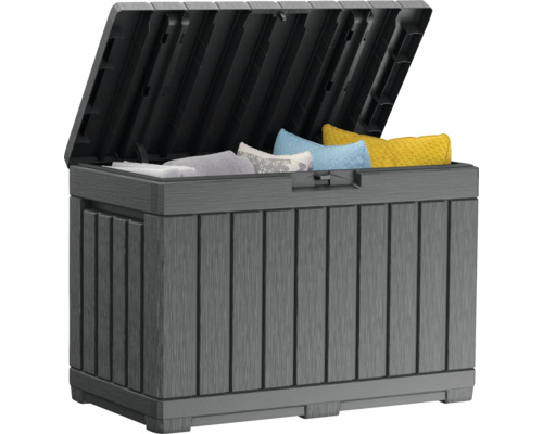 Öppen grå trädgårdsbox av plast med kuddar