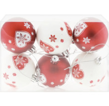 Förpackning med julgranskulor med hjärt- och snöflingemotiv