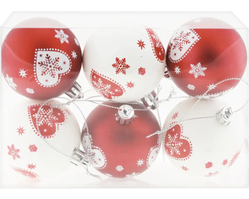 Förpackning med julgranskulor med hjärt- och snöflingemotiv