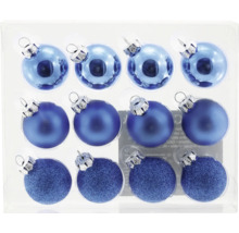 Förpackning med tolv blå julgranskulor med olika ytor