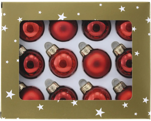 Förpackning med tolv röda julgranskulor