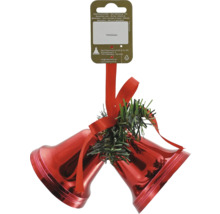 Juldekoration med två röda klockor, band och grangrenar