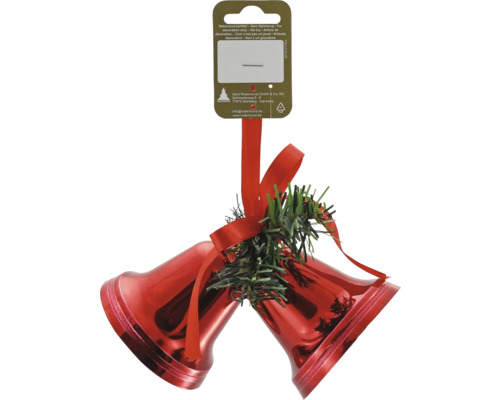 Juldekoration med två röda klockor, band och grangrenar