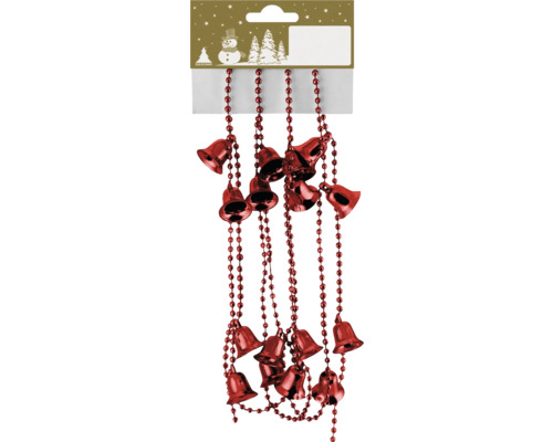 Julgransdekorationer med röda klockor och pärlkedja