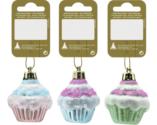Julgranshänge cupcake 4cm blandade färger Tre cupcake julgranskulor för dekoration