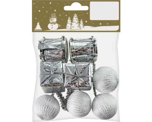 Julgransprydnadsset med trummor, presenter och kulor