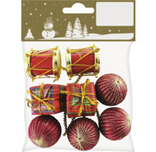 Förpackning med julgransdekorationer bestående av trummor, presenter och bollar