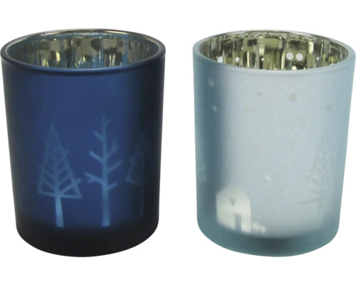 Ljuslykta med träd Ø6x7,5cm 2st blå Två värmeljushållare i glas med vintermotiv
