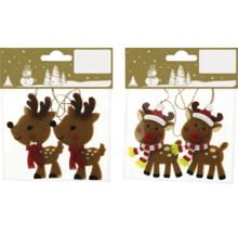 Två förpackningar med julgransdekorationer i filt med renmotiv