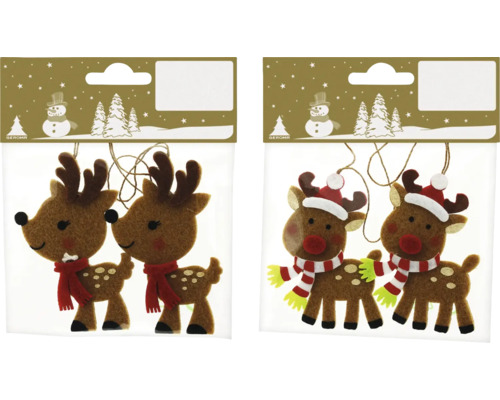 Två förpackningar med julgransdekorationer i filt med renmotiv