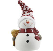 Snögubbe figur med mössa och kvast som dekoration