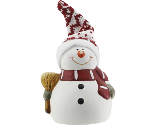 Snögubbe figur med mössa och kvast som dekoration