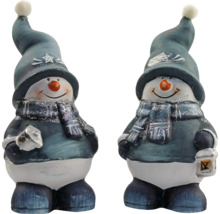 Två dekorativa snögubbsfigurer med hattar och halsdukar