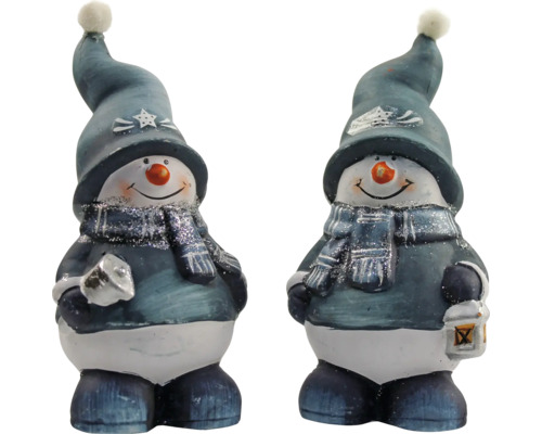 Två dekorativa snögubbsfigurer med hattar och halsdukar
