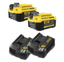 Två Stanley Fatmax V20 4.0 amperetimmar litiumjonbatterier och två laddare