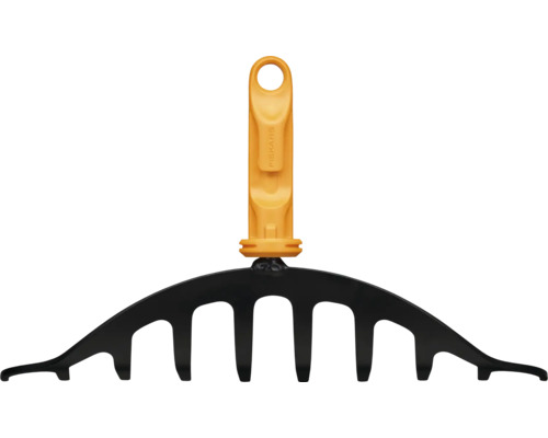 Fiskars lövräfsa med gult handtag och svart räfshuvud