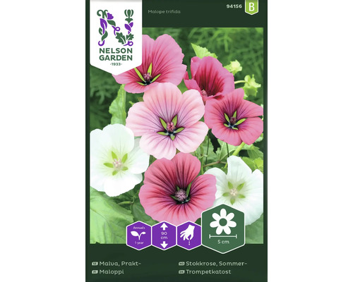 Malope trifida fröpaket med information om sådd, växthöjd på 90 cm och blomstorlek på 5 cm