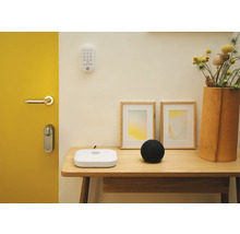 Miljö med gul dörr, digitalt dörrlås, tangentbord, två tavelramar, högtalare och vas med blommor på ett träbord