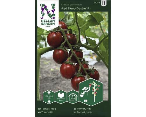 Nelson Garden logotyp. Bild av en tomatplanta av sorten Red Deep Desire F1 med röda frukter.