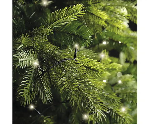 Närbild av en julgran med ljusslinga