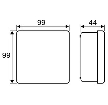 Teknisk ritning av en kopplingsdosa med måtten 99 gånger 99 gånger 44 millimeter.