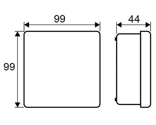 Teknisk ritning av en kopplingsdosa med måtten 99 gånger 99 gånger 44 millimeter.