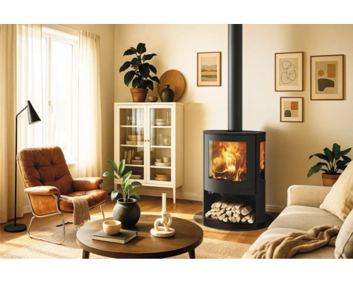 Vardagsrum med vedeldad kamin, fåtölj och soffa i ljus atmosfär.