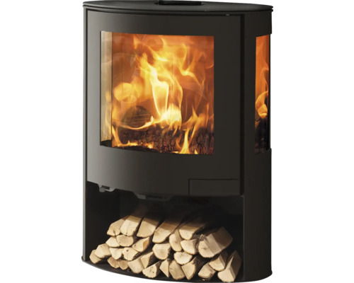 Braskamin med ved i eldstaden och förvaringsfack