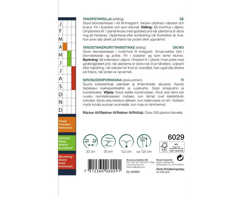 Fröförpackning med information om sådd, skörd och växtens egenskaper