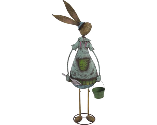 Dekorativ kaninfigur med spade och hink för trädgården