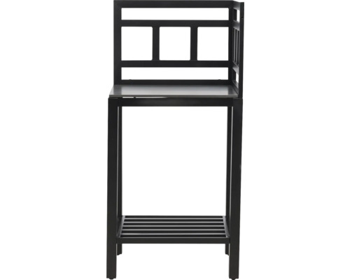 Svart sidobord med förvaringsutrymme och öppen hylla