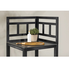 Hörnhylla med dekoration som flaska, växt och träskål