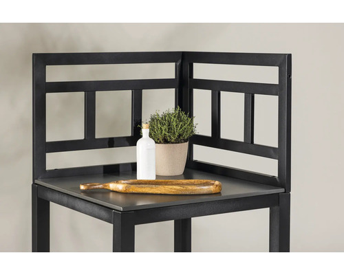 Hörnhylla med dekoration som flaska, växt och träskål