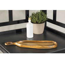 Dekoration med träskål, växt och flaska på en hylla