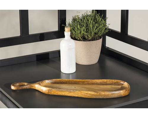 Dekoration med träskål, växt och flaska på en hylla