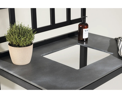 Detaljvy av ett tvättställ med växt, tvålpump och handduk