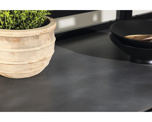 Dekorativ arbetsbänk med växt och skålar