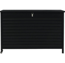 Svart trädgårdslåda med hjul och horisontella linjer