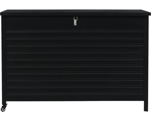Svart trädgårdslåda med hjul och horisontella linjer