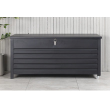 Grå trädgårdslåda med hjul och horisontella linjer