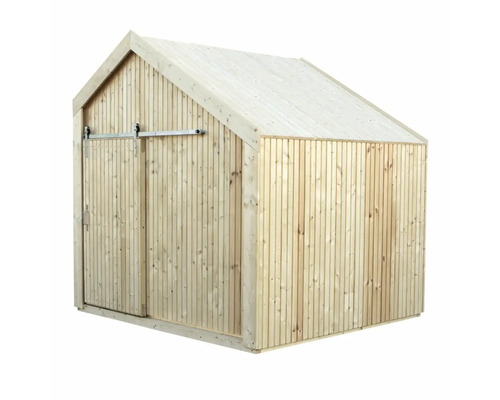 Trädgårdshus i trä med skjutdörr och sadeltak