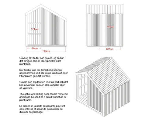 Illustration av ett trädgårdshus med dimensioner