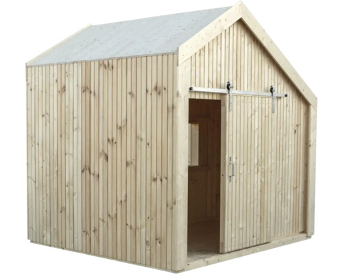 Lekstuga PLUS Cozy med bänk obehandlat 184x208cm Trädgårdshus i trä med skjutdörr för utomhusbruk