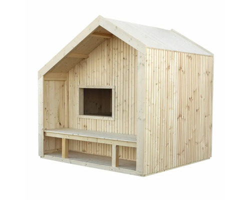 Lekstuga i trä med fönster och sittbänk