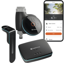 Gardena Smart System med bevattningsstyrning, sensor och gateway samt smartphone med appvisning